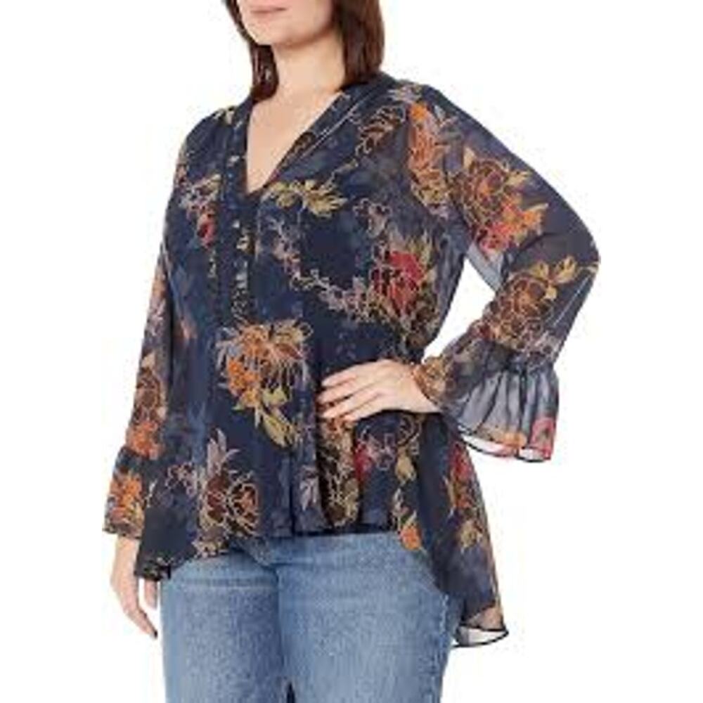City Chic Blue Floral Crepe Lined Long Sleeve Size 24